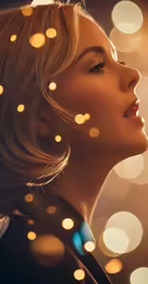 a beautiful blond haired woman in front of christmas lights