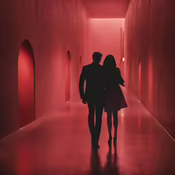 man and woman in red tunnel in red light