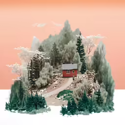 a painted image of trees and a red cabin in the distance