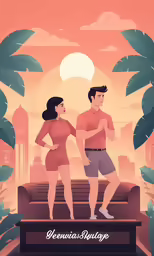 a couple is standing on a wooden structure in front of trees and buildings