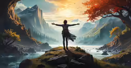 a man standing on top of a mountain with his arms outstretched