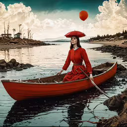 a girl in a red hat and dress is in a red canoe,a woman in red is rowing a canoe on the river