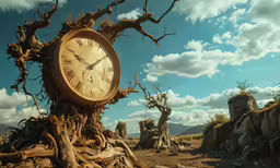 a clock on top of a stump near rocks