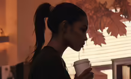 a woman standing with a coffee cup in her hand