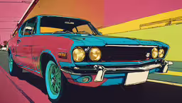 an old blue mustang car is parked under a rainbow - painted wall,a car is parked in front of a colorful wall