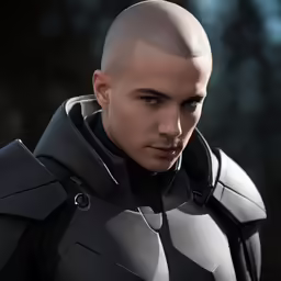 a man in black leather with grey hair wearing a futuristic suit