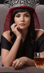 a woman wearing a red head piece is sitting down with a drink