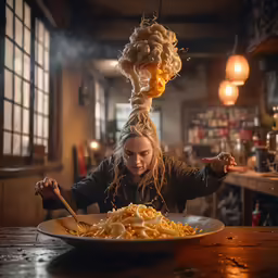 the woman is eating noodles from her plate