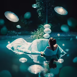 a woman is sitting in the water next to lights
