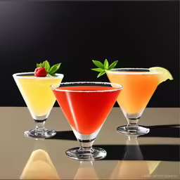 three colorful drinks with green leaf in them