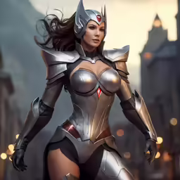 a female knight in armor walking down a street