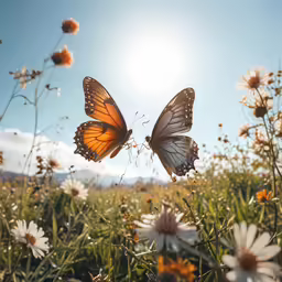 two butterflies flying over the top of a field of flowers
