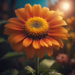 a closeup shot of the center of a yellow flower,an orange flower is lit by a street lamp