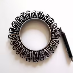 a pen and a decorative piece of jewelry sitting on the table
