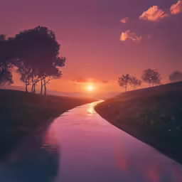 a painting of a sunset on a mountain side