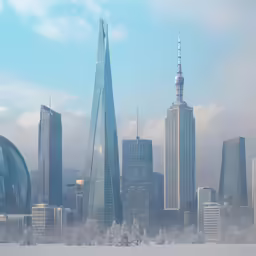 buildings, boats and snow in the foreground