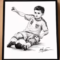 a pencil drawing of a soccer player with the ball