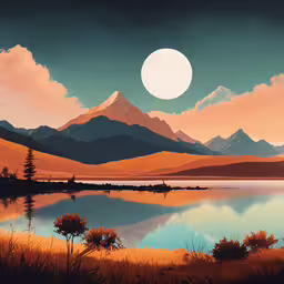 a painting of mountains and water is in color,a painting of the mountains and a lake