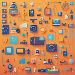 a group of items are on an orange surface,a picture with many different things all over the place