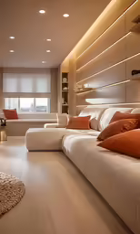 this is an elegant living room with wooden flooring and a white couch