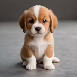 a puppy sits on a gray surface and stares ahead