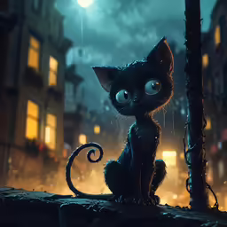 a little black cat that is standing next to some lights