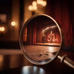 mirror image in front of red curtain, with man and woman on stage and lights