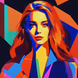 the digital portrait of an attractive woman with long hair and a bright blue shirt,a woman in a colorful suit is posing for a photo