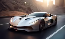 a silver and white sports car driving on the road