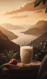 a glass of milk with an apple beside it