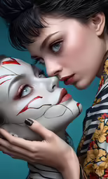 two women are posing for a photo while wearing white face makeup