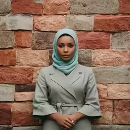 a model wearing a long green coat and matching hijab