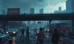 several people walking through traffic on a wet street at night