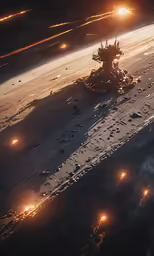 a big space ship floating over some land