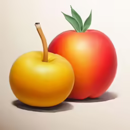 an apple and a tomato sitting side by side on a white surface