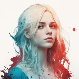 painting of woman with long blonde hair with paint splashing on her face