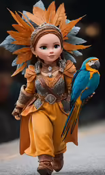 a doll is walking down the street with a parrot on her arm