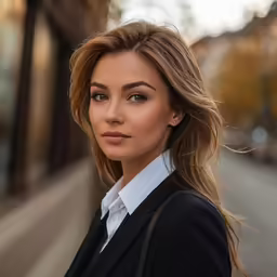 an attractive young woman in business attire standing by a city street