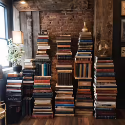 the shelves are piled high and full of books
