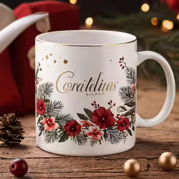 coffee cup with christmas lettering on it next to decorations
