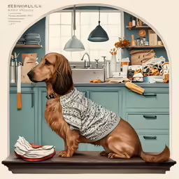 a dog sitting on the kitchen counter looking off into the distance
