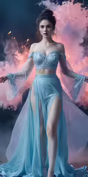 a woman in a light blue dress with her arm raised and her dress flowing