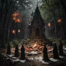 a group of people dressed in black sitting in a forest with fire