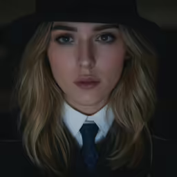 a woman wearing a black hat and suit with a blue tie