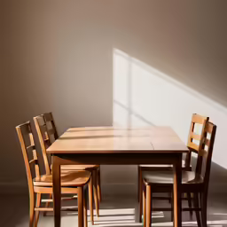two chairs sitting next to a table in a white room