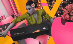 the girl is wearing a green jacket and a flower is in her hair