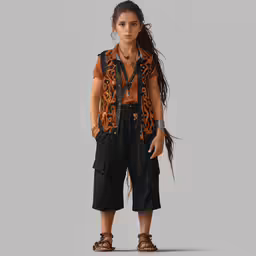 a person standing wearing a vest and sandals