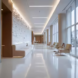 large long, white lobby with chairs and a tv mounted on the wall