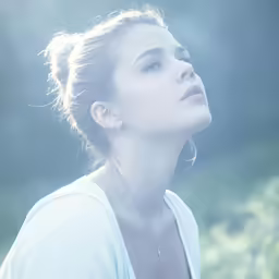 a woman wearing a white top with her eyes closed