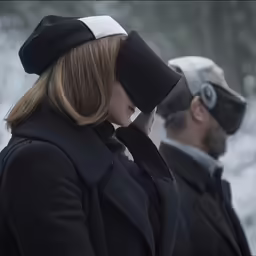 a man and woman standing in the snow while wearing blindfolds